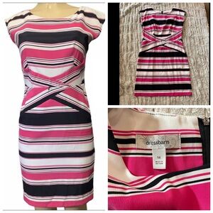 Dressbarn Sleeveless Sheath Dress. Multicolor Striped Midi Stretch.